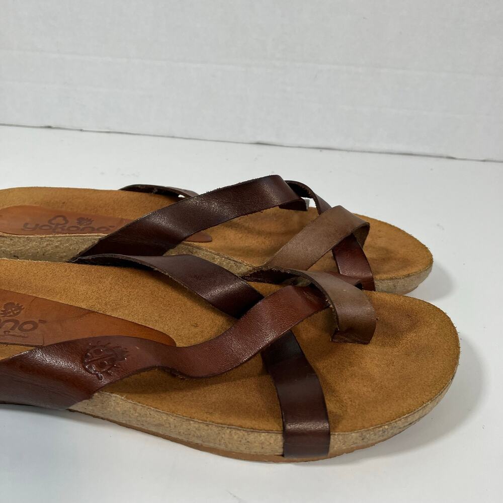 Yokono Sz 6 Brown Leather Comfort Sandals Toe Ring Cross Strap - Picture 8 of 16